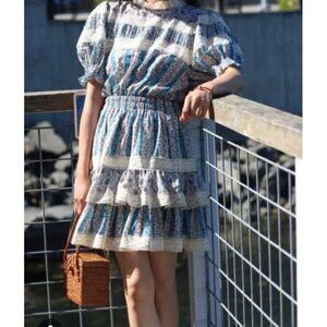 Stellah Size Small Floral Victorian Print Mixed Lace Trim Puff Sleeve Dress